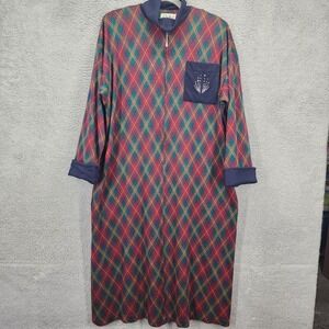 Peggy Barker Vtg Plaid Lounger Dress Rhinestone Pocket Zip Front Large MooMoo‎